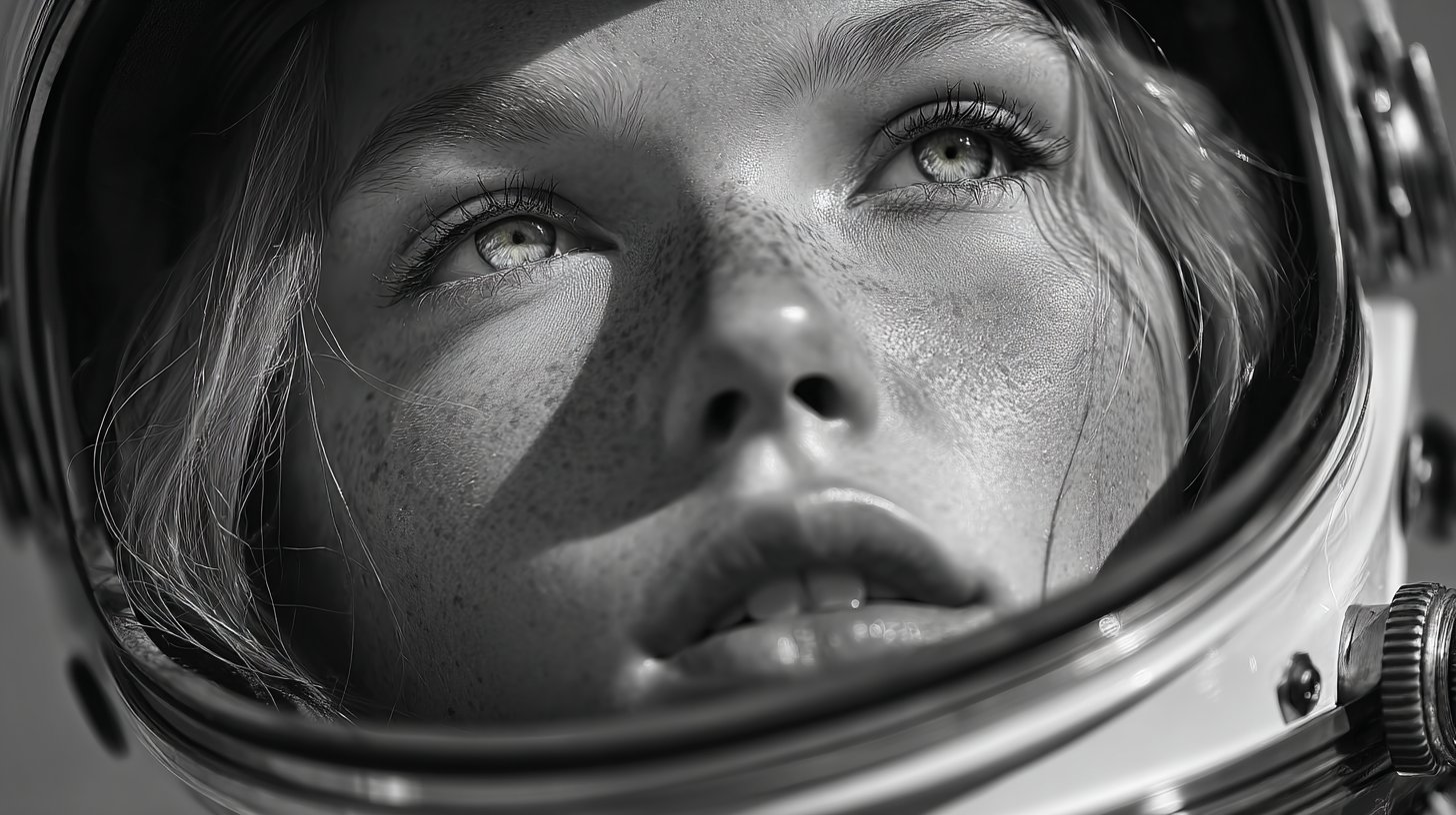 Close-up portrait of woman astronaut, eyes opening as you scroll