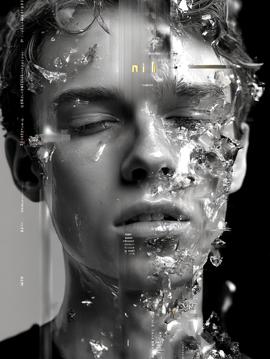 Digital portrait with fragmented glass and data overlay