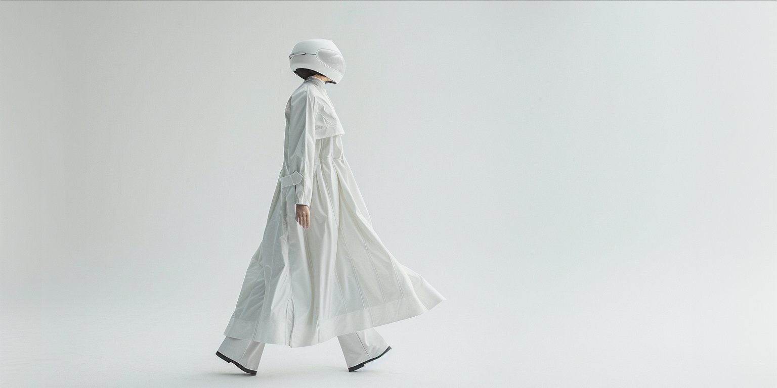 Futuristic figure in flowing white garments
