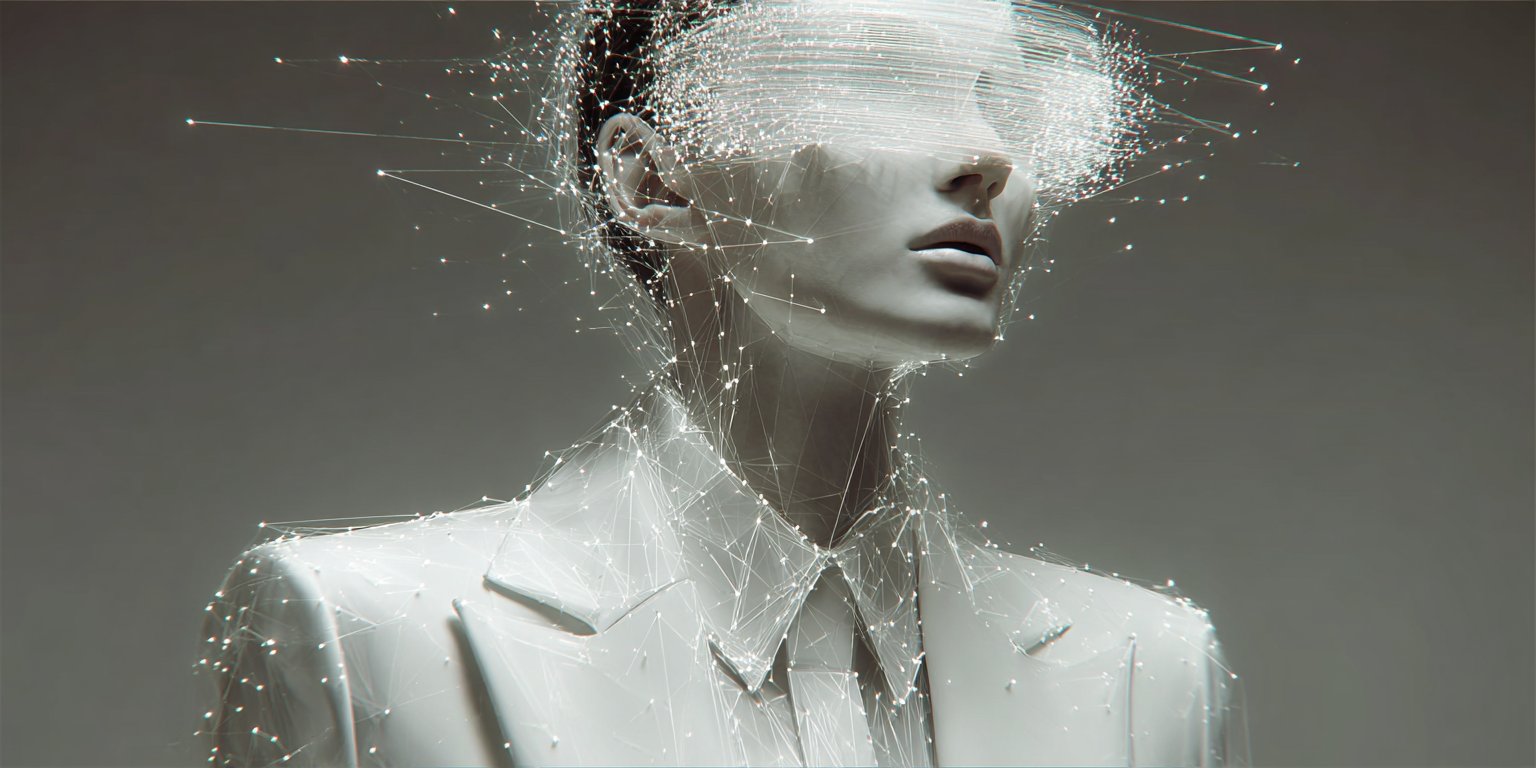 White figure with geometric neural network lines